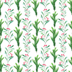  Watercolor christmas pattern with fir branches and berries.