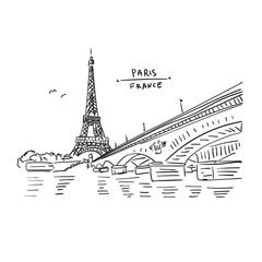 Eiffel Tower in Paris, France. Bridge and water. Hand drawing in retro style. Travel sketch. Hand drawn  postcard, poster or illustration in vector