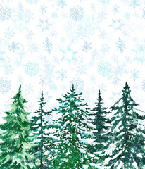Winter snowy background with falling snowflakes and pine tree forest. Hand painted snow spruce trees landscape illustration, Christmas and New Year greeting card template.