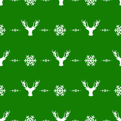 Vector seamless Christmas pattern with white christmas deers and snowflakes on green background; holiday design for greeting card, gift box, wallpaper, fabric, wrapping paper, web design.