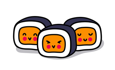 Little kawaii sushi with cute faces. Cute cartoon characters for logo, sticker, pin and badge. Simple vector illustration.