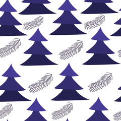 Obraz premium Vector seamless pattern with violet christmas tree and pine branches. Trendy print, background, wallpaper.