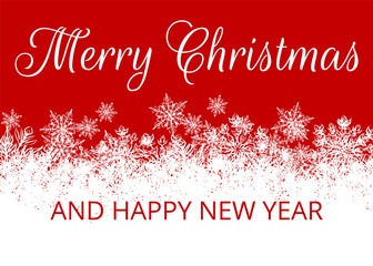 Merry Christmas and Happy New Year. Christmas greeting card with snowflakes border on red background