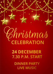 Fototapeta na wymiar Template of invitation for Christmas celebration with golden stars on red background