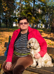 Woman with american spaniel sitting on the bench