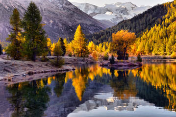 Autumn landscape with reflection in a lake in the alpine mountainsю