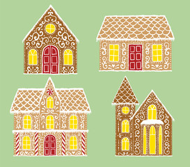 Christmas gingerbread set with gingerbread houses on green background
