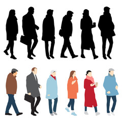 Silhouettes of men and women standing and walking, cartoon character, outerwear, group business people, vector illustration, flat designe icon, isolated on white background