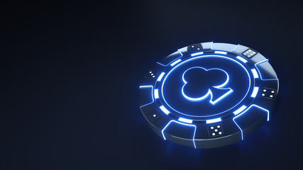 Casino Chip clubs Concept with glowing neon blue lights and Dice dots isolated on the black background - 3D Illustration