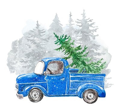 Winter Christmas illustration with hand painted abstract pick up truck, for tree and pine forest landscape texture. Vintage blue car and falling snow. Cheerful New Year card template.