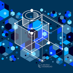 Abstract creative geometric art with a variety of geometric elements dark blue background, vector illustration. Perspective blueprint of mechanism, scheme. Perfect background for your design projects