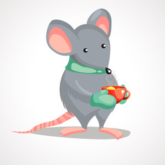 Cartoon gray rat and Tea Cup. New Year symbol. Vector illustration.