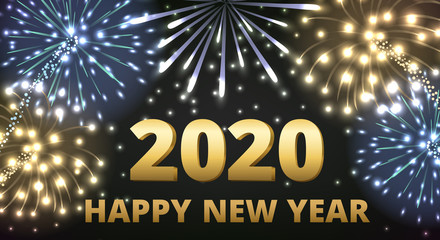 Happy new 2020 year. Dark sky with fireworks. New Year background