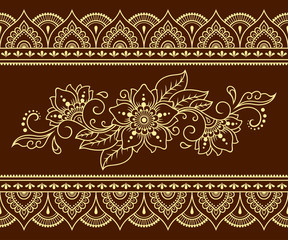 Seamless pattern of mehndi flower and border for Henna drawing and tattoo. Decorative doodle ornament in ethnic oriental, Indian style. Outline hand draw vector illustration.