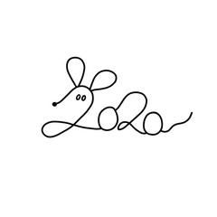 Decorative lettering 2020 with a stylized mouse. Black and white illustration. Hand draw, vector lettering calligraphy.