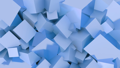 Abstract background of cubes of different sizes. Blue metallic. 3D rendering.