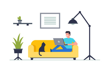 Happy Man sitting on sofa with laptop. Working on a computer. isolated on white background 