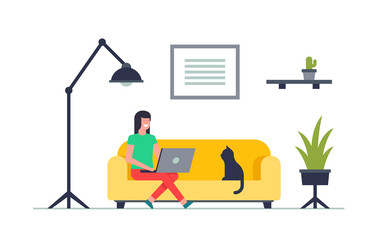 Happy woman sitting on sofa with laptop. Working on a computer. isolated on white background 