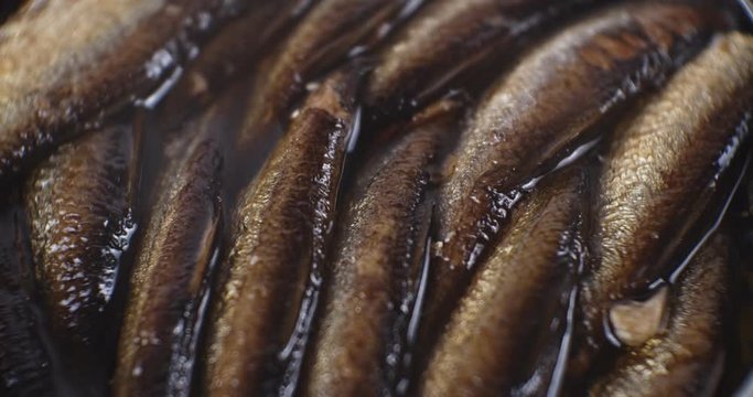 Smoked sprats in oil close up
