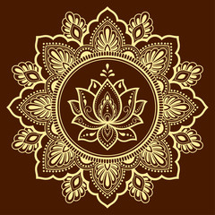 Circular pattern in form of mandala with lotus flower for Henna, Mehndi, tattoo, decoration. Decorative ornament in ethnic oriental style. Outline doodle hand draw vector illustration.