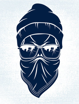 Gangster skull vector logo, icon or tattoo, urban stylish aggressive criminal scull.