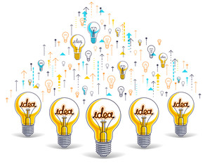 Group of shining light bulbs and set of icons, business ideas creative concept, teamwork, business team, vector illustration.