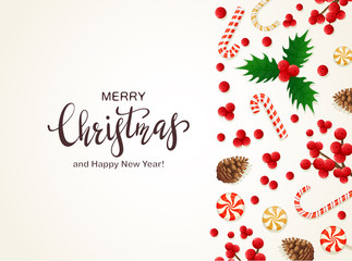 Christmas Decorations with Holly Berries and Candy