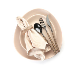 Beautiful table setting on white background