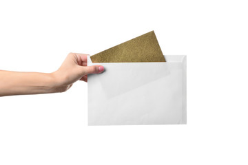 Female hand with envelope on white background