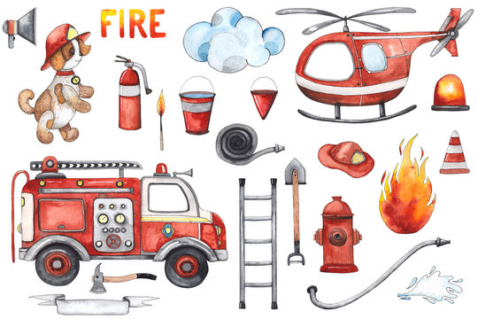 Watercolor cartoon cute set Firefighting and fire safety equipment illustration. Fire truck, helicopter, dog, helmet, hose, column, fire extinguisher. Baby shower red colorful clip art