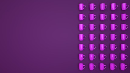 3d banner with mugs and copy space. Hot drinks concept. Purple monochrome