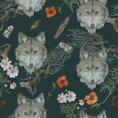 Seamless watercolor pattern with wolf heads, flowers, branches.
