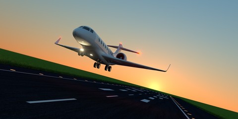 Luxury business jet during landing or takeoff on runway. Extremely detailed and realistic high resolution 3d illustration - obrazy, fototapety, plakaty