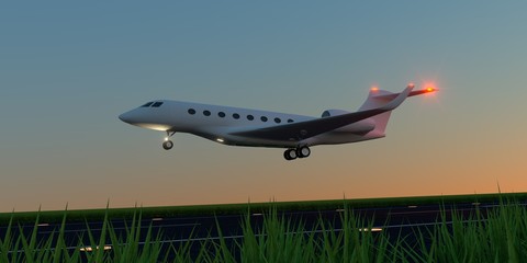 Luxury business jet during landing or takeoff on runway. Extremely detailed and realistic high resolution 3d illustration