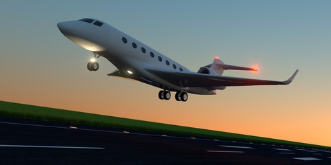 Luxury business jet during landing or takeoff on runway. Extremely detailed and realistic high resolution 3d illustration