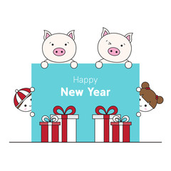 Happy New Year with pig, childen and gift box.