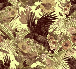 Seamless trendy pattern with raven , flowers, feathers, feathers.