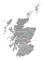 City of Dundee red highlighted in map of Scotland UK
