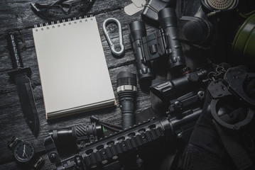 Military equipment list mock up. Army diary. Special agent table concept flat lay background with copy space.