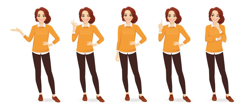 Casual business woman in different poses with red hair isolated vector illustrtion
