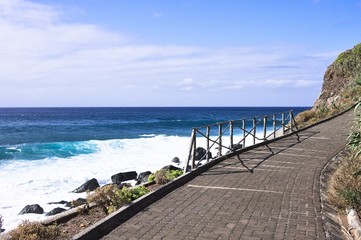 Obraz premium Wooden fence of a pathway in the Atlantic Ocean coast (Madeira, Portugal, Europe)