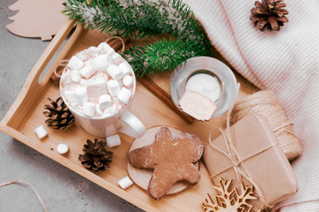 hot chocolate with marshmallows and cinnamon, spruce branch, cookies, cones, gingerbread man, candle, snowflakes, gift, box, top view