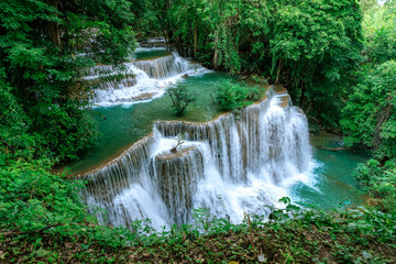 Huai Mae Khamin Waterfall level 4, Khuean Srinagarindra National Park, Kanchanaburi, Thailand;  high shutter speed, freeze, no motion