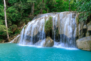 Fototapeta na wymiar Waterfall level 2, Erawan National Park, Kanchanaburi, Thailand; high shutter speed, freeze, no motion