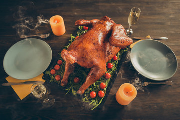 Top above high angle photo of delicious roast gourmet turkey on tray with herbs red tomato served...