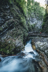 Waterfall at the Vintgar gorge, beauty of nature, with river Radovna flowing through, near Bled,...