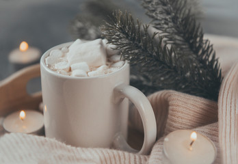 Obraz na płótnie Canvas mug of hot chocolate cocoa with marshmallows, spruce branch, candles with lights, side view