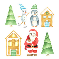 Christmas winter set. Santa Claus with presents, penguin, skating snowman, gingerbread houses and Christmas trees. Cartoon character. Watercolour illustration. Isolated object on white background..