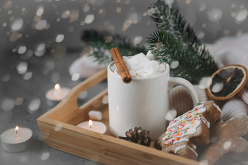 Obraz na płótnie Canvas 1 Cup hot chocolate cocoa with cinnamon and marshmallows, spruce branch, cookies, candles, a slice of dried orange, on a gray background, lights, bokeh, spots,