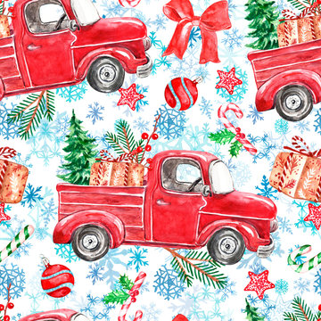 Cheerful Christmas seamless pattern with watercolor red pic up truck, holiday gifts, green fir tree, pine branches, ornaments, candy cane and holly, on snowflakes background.